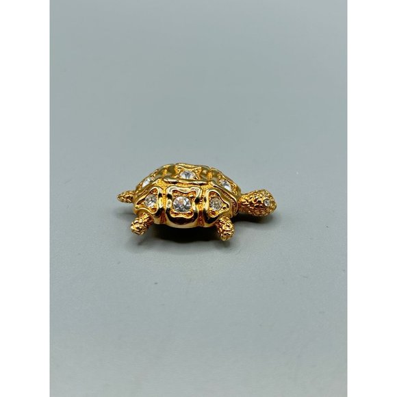 Vintage Swarovski Signed Swan Turtle Pin Brooch Gold Tone and Clear Crystals - Picture 2 of 6